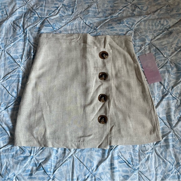Dresses & Skirts - Fashion on Earth | Faux Wrap Lined Skirt Beige Buttons Linen Blend | NWT